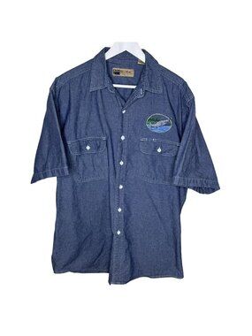 Vintage Big Mac Short Sleeve Chambray Work Shirt w/ Fisherman Embroidery, Large